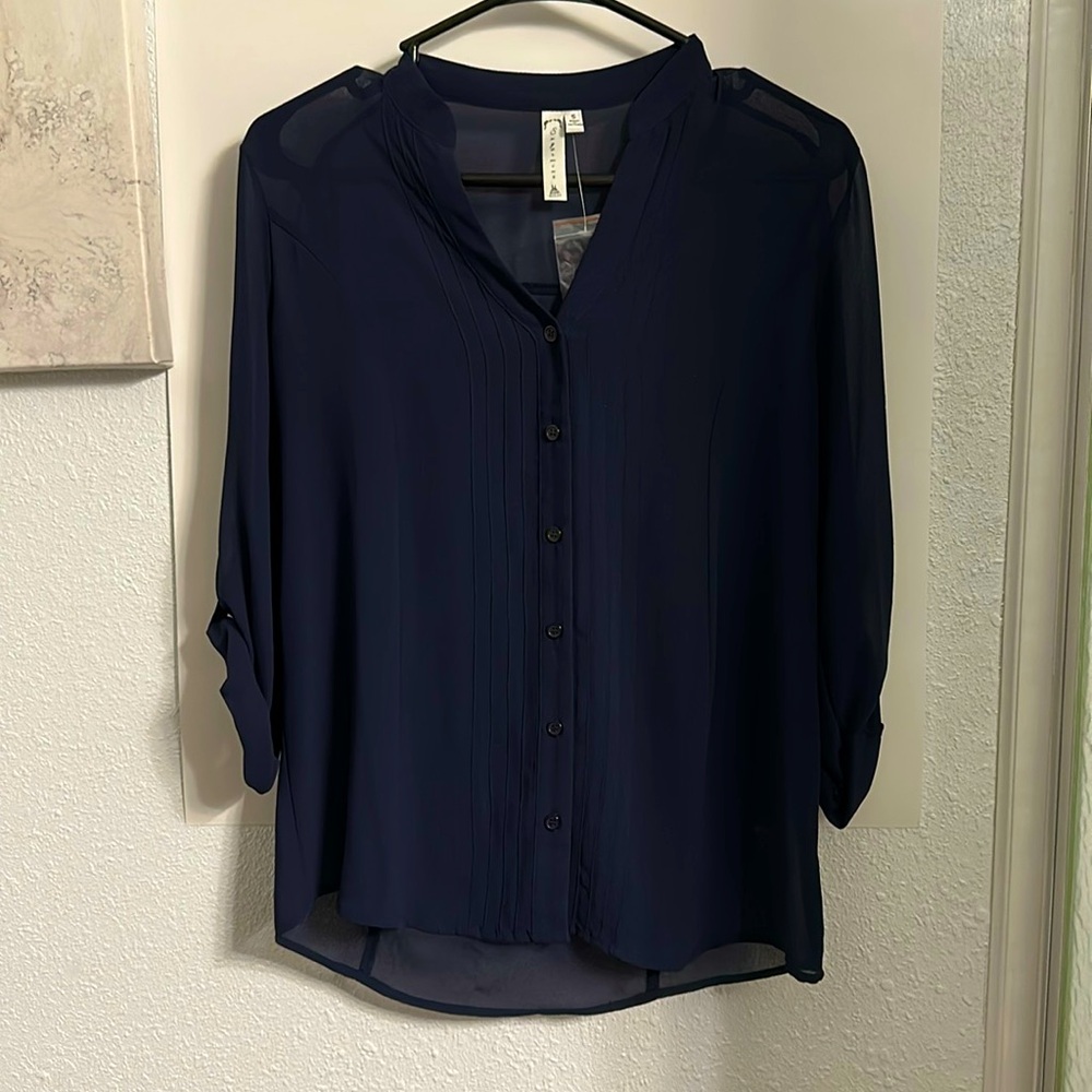 Sugarmint Navy Sheer Pleated Button-Front Blouse Roll Tab Sleeve Top Size S - Picture 3 of 5